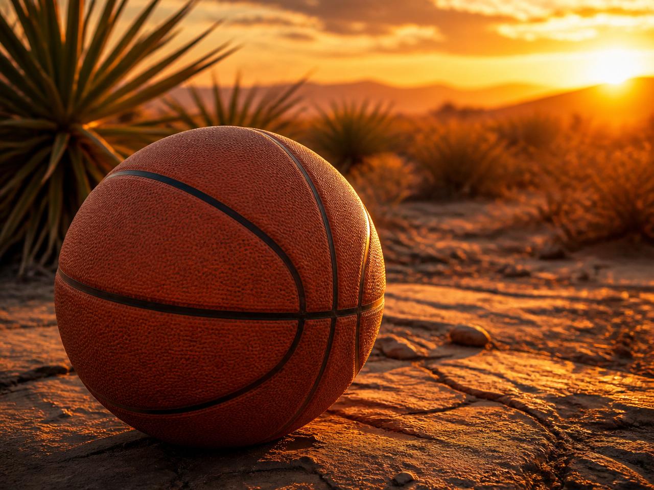 Basketball at desert sunset