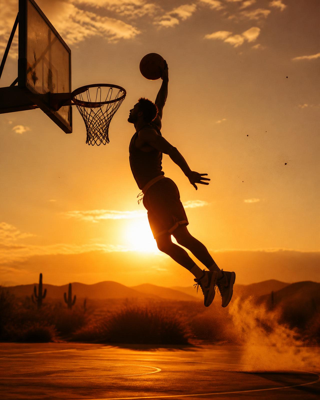 Basketball player mid-dunk at sunset